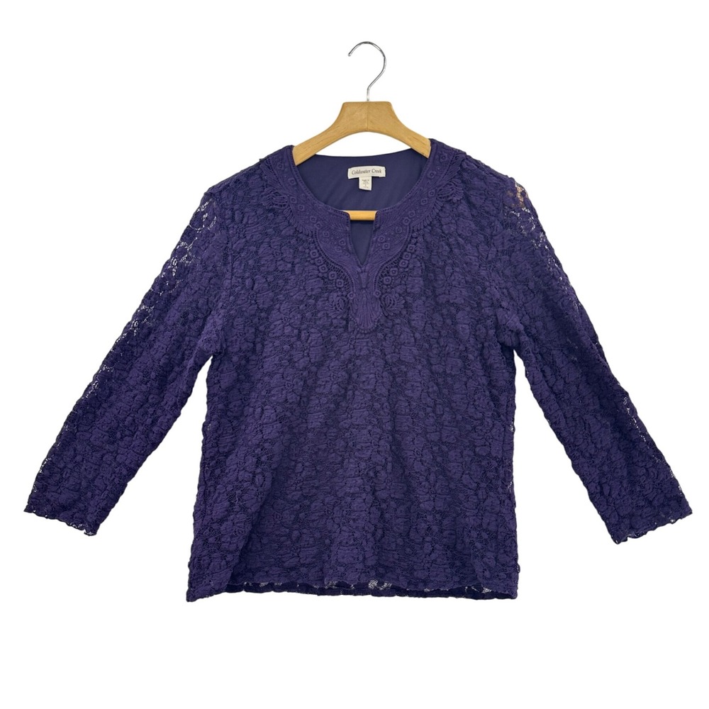 Coldwater Creek Purple Lace V Neck 3/4 Sleeve Top Women's Size L